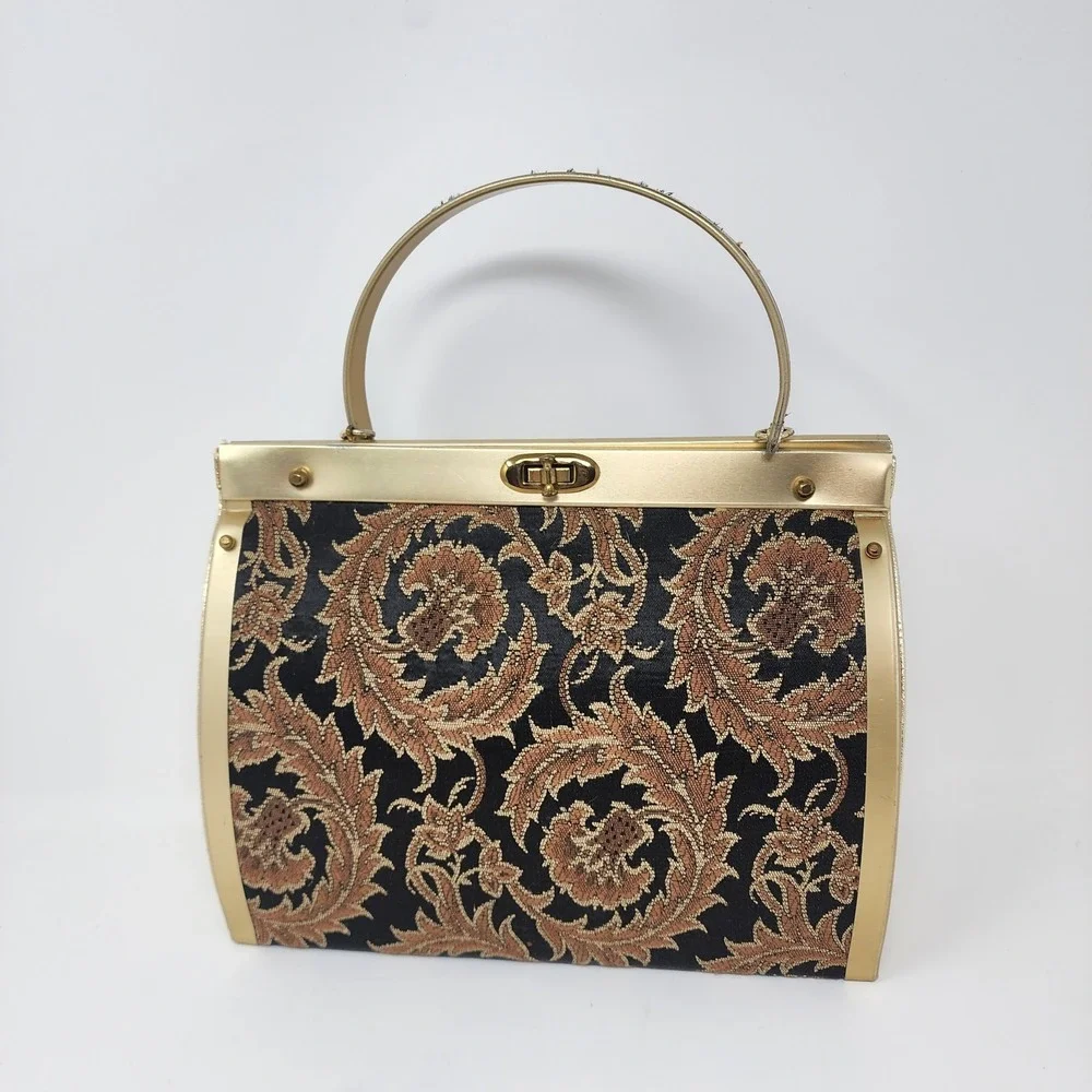 VTG 1950s Natalizio Of Miami Handbag‎ Gold Metal Brown Black Paisley Damask MCM